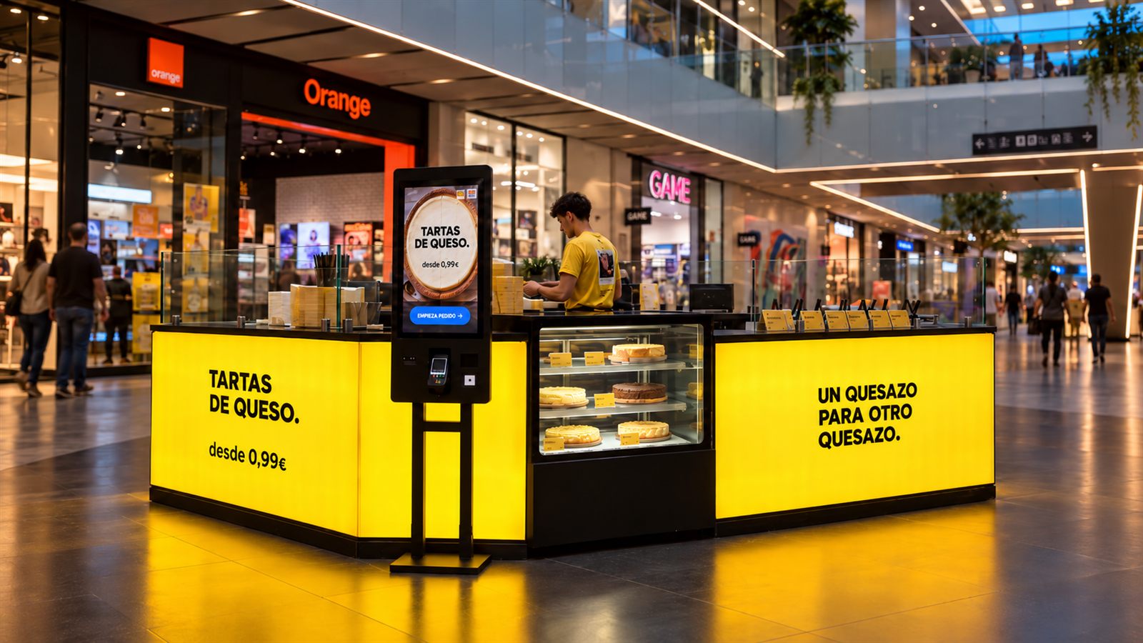 Quiosco amarillo de QUESAZO. en el centro comercial Diagonal Mar